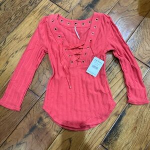 Free People Coral Lace-Up Ribbed Long Sleeve Top